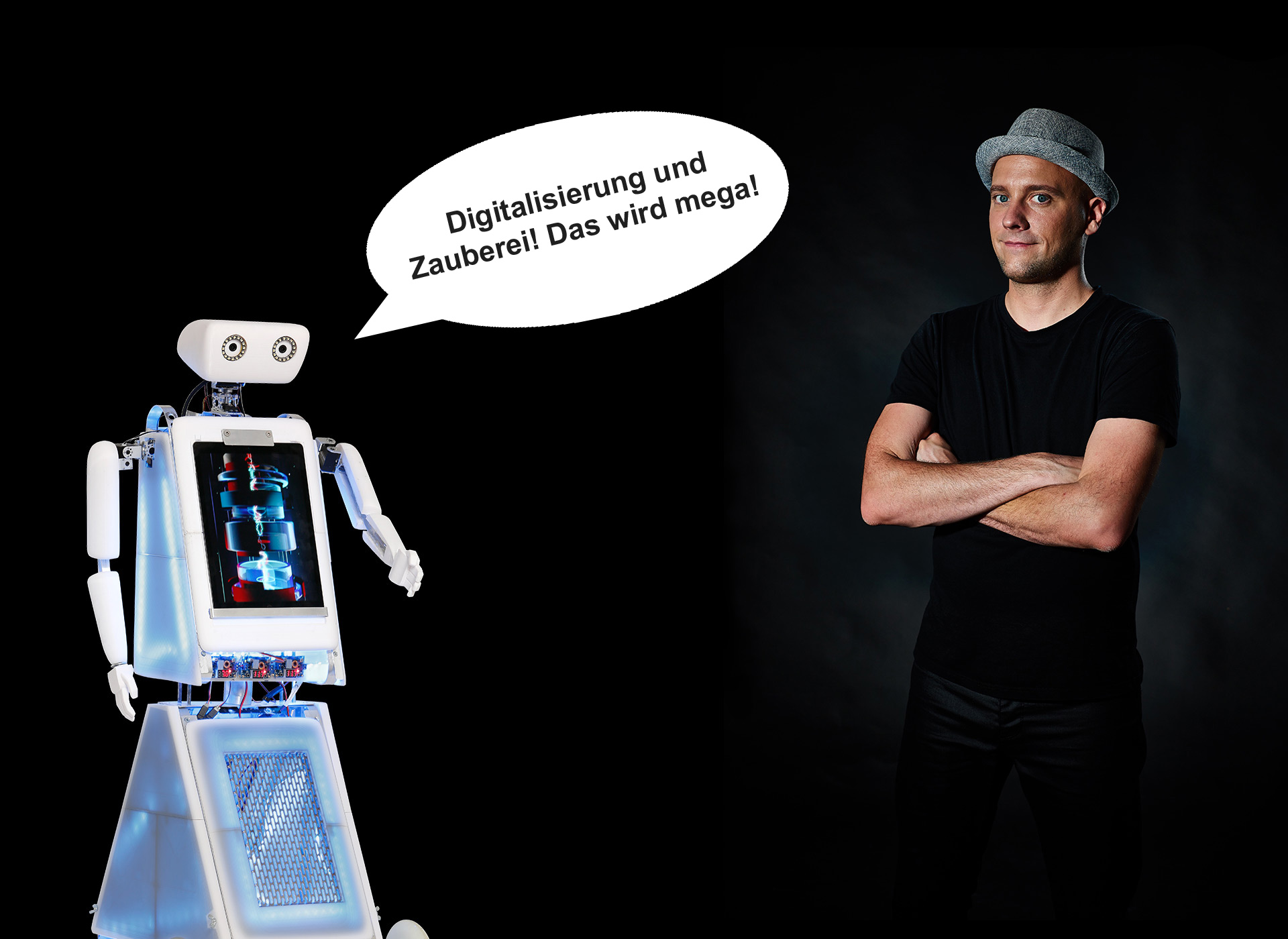 Digitalisierung und Zauberei Digitalisierung und Zauberei präsentiert von einem Roboter und einem Magier