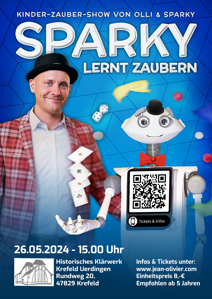 Plakat für die Kinder- und Familienshow "Sparky lernt zaubern" mit Kinderzauberer Olli und Roboter Sparky